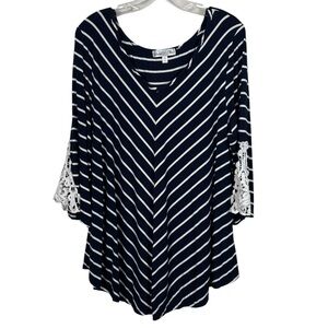 Stem & Vine Blue White Striped Chevron Jersey Knit Plus Size Blouse Lace Detail